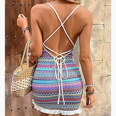 Boho Crochet Striped Dress Square Neck Low-Back Bodycon Drawstring Ruffle Mini Dresses for Women