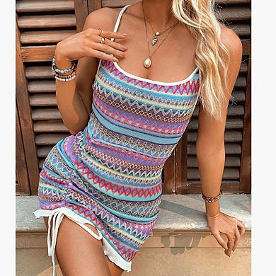 Boho Crochet Striped Dress Square Neck Low-Back Bodycon Drawstring Ruffle Mini Dresses for Women