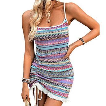Boho Crochet Striped Dress Square Neck Low-Back Bodycon Drawstring Ruffle Mini Dresses for Women