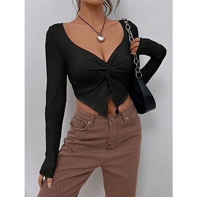 Women's Long Sleeve Crop Tops Twist Front Sweetheart Neck Going Out Shirt