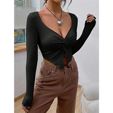 Women's Long Sleeve Crop Tops Twist Front Sweetheart Neck Going Out Shirt