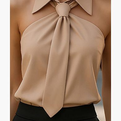 Women Tie-Neck Halter Sleeveless Shirt Slim Fit Top Off Shoulder Casual Pullover