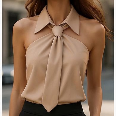Women Tie-Neck Halter Sleeveless Shirt Slim Fit Top Off Shoulder Casual Pullover