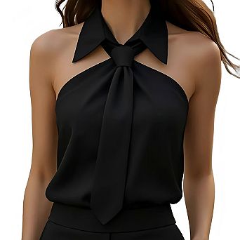 Women Tie-Neck Halter Sleeveless Shirt Slim Fit Top Off Shoulder Casual Pullover