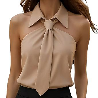 Women Tie-Neck Halter Sleeveless Shirt Slim Fit Top Off Shoulder Casual Pullover