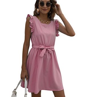 Women Ruffle Trim Dress Solid Color A-line Swing Flared Belted Casual Party Dress
