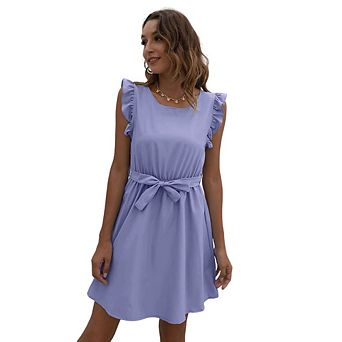Women Ruffle Trim Dress Solid Color A-line Swing Flared Belted Casual Party Dress
