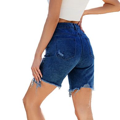Women's Washed Distressed Denim Capri Shorts