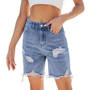 Women's Washed Distressed Denim Capri Shorts