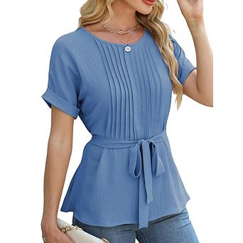 Women's Dressy Casual Blouses Summer Crew Neck Peplum Tops Work Pleated Blouse