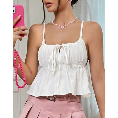 Women's Crop Tops Spaghetti Straps Tank Top Summer Tie Front Ruffle Solid Color Camisole