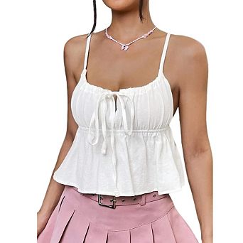 Women's Crop Tops Spaghetti Straps Tank Top Summer Tie Front Ruffle Solid Color Camisole