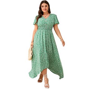 Plus Size Women Floral Asymmetrical Hem Casual Dress
