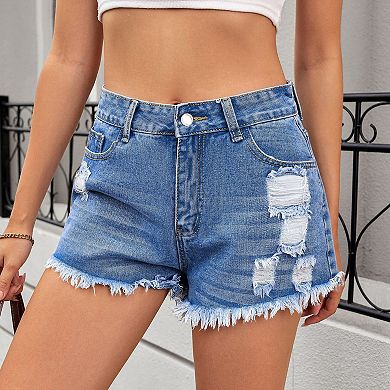 Women's Washed Distressed Denim Shorts Above Knee