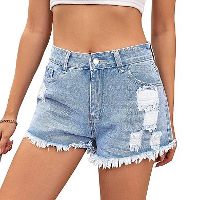 Women's Washed Distressed Denim Shorts Above Knee