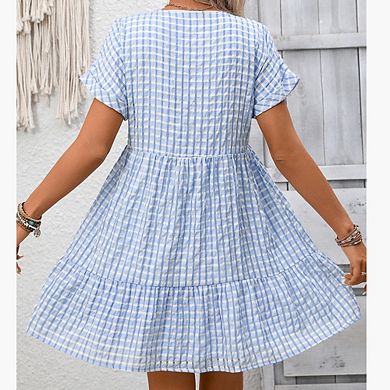 Women's Plaid Ruffle Dress Summer Deep V Neck Half Sleeve Flowy Dresses