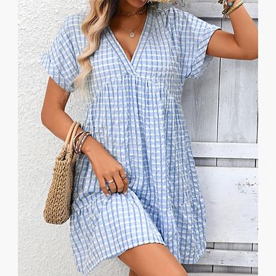 Women's Plaid Ruffle Dress Summer Deep V Neck Half Sleeve Flowy Dresses