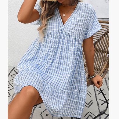 Women's Plaid Ruffle Dress Summer Deep V Neck Half Sleeve Flowy Dresses
