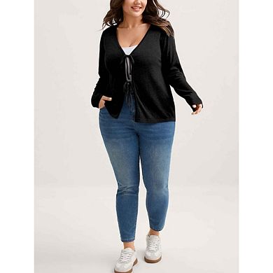 Women Plus Size Tie Front Sweater Sleeve Shrug Trendy Outfit Cardigan