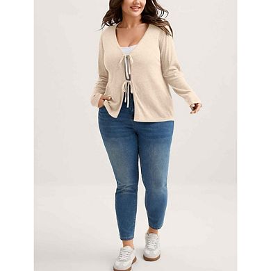 Women Plus Size Tie Front Sweater Sleeve Shrug Trendy Outfit Cardigan