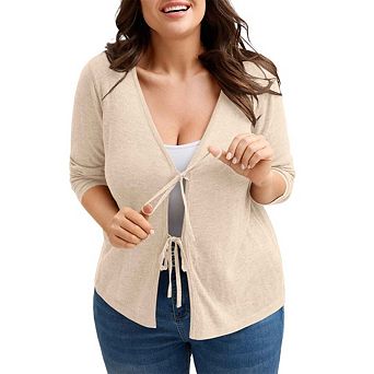 Women Plus Size Tie Front Sweater Sleeve Shrug Trendy Outfit Cardigan