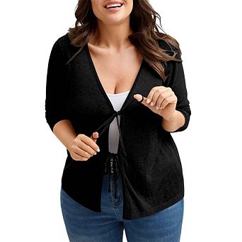 Women Plus Size Tie Front Sweater Sleeve Shrug Trendy Outfit Cardigan