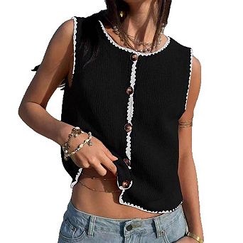 Women's Button Up Cropped Sweater Vest Vintage Sleeveless Color Block Knit Cardigan Tops
