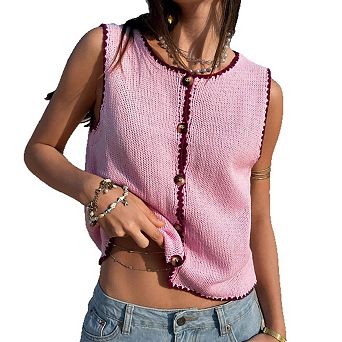 Women's Button Up Cropped Sweater Vest Vintage Sleeveless Color Block Knit Cardigan Tops