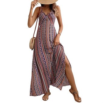 Women Backless Ruffle Plunging V Smocked Cami Criss Cross Slit Maxi Casual Beach Dresses