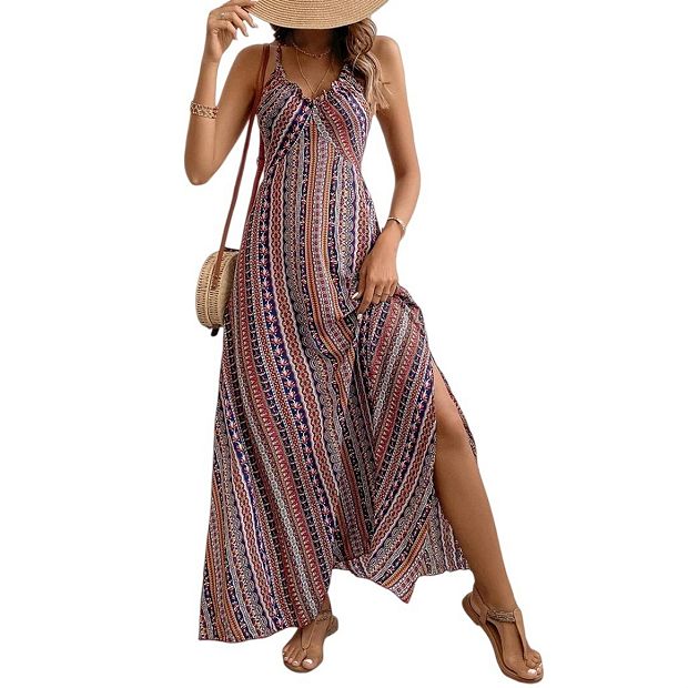 Women Backless Ruffle Plunging V Smocked Cami Criss Cross Slit Maxi Casual  Beach Dresses