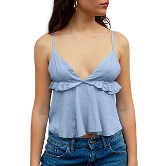 Women's Ruffle Hem Sleeveless Cami V Neck Tops Spaghetti Strap Camisole Tops
