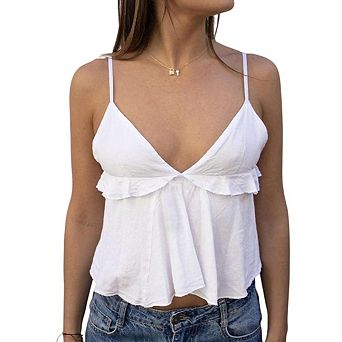 Women's Ruffle Hem Sleeveless Cami V Neck Tops Spaghetti Strap Camisole Tops