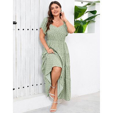 Women's Plus Size Summer Dresses Ruffle Short Sleeve Casual Boho Floral Pleated Long Dress
