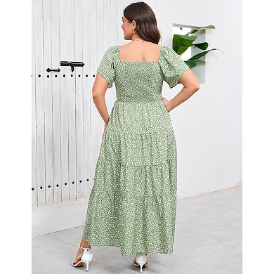Women's Plus Size Summer Dresses Ruffle Short Sleeve Casual Boho Floral Pleated Long Dress