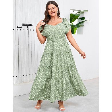 Women's Plus Size Summer Dresses Ruffle Short Sleeve Casual Boho Floral Pleated Long Dress