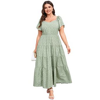 Women's Plus Size Summer Dresses Ruffle Short Sleeve Casual Boho Floral Pleated Long Dress