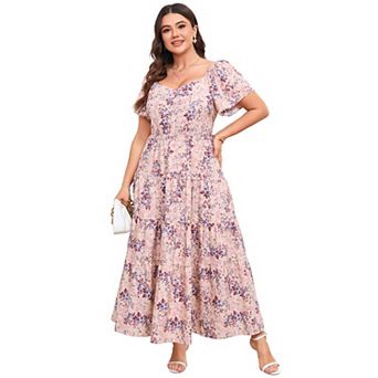 Women's Plus Size Summer Dresses Ruffle Short Sleeve Casual Boho Floral Pleated Long Dress
