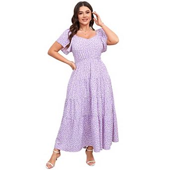 Women's Plus Size Summer Dresses Ruffle Short Sleeve Casual Boho Floral Pleated Long Dress