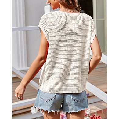 Women's Crew Neck Short Dolman Sleeve Knit Top With Ribbed Texture Relaxed Fit