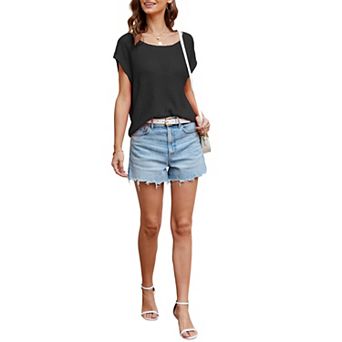 Women's Crew Neck Short Dolman Sleeve Knit Top With Ribbed Texture Relaxed Fit