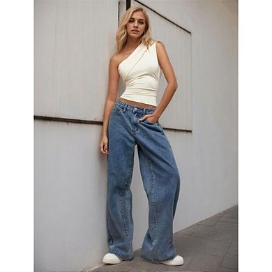 Women's One Shoulder Ruched Sleeveless Going Out Crop Tops