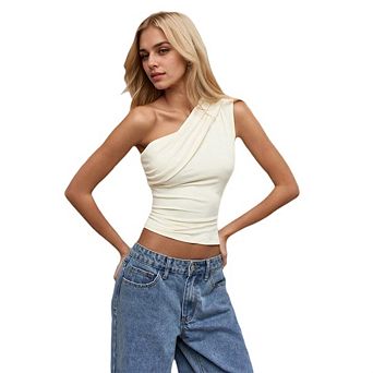 Women's One Shoulder Ruched Sleeveless Going Out Crop Tops
