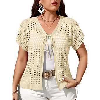 Women's Plus Size Crochet Knit Short Sleeve Tie Front Cardigans Open Lightweight Summer Sweater