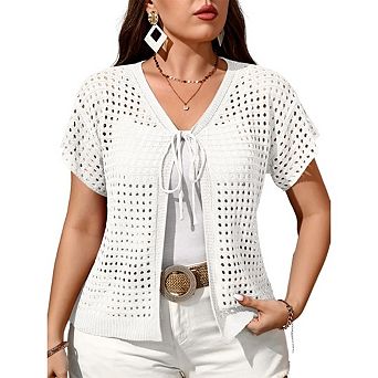 Women's Plus Size Crochet Knit Short Sleeve Tie Front Cardigans Open Lightweight Summer Sweater