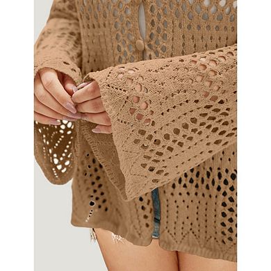 Women's Plus Size Crochet Knit Cardigan Hollow Out Bohemian Sweater Button Down Casual Top