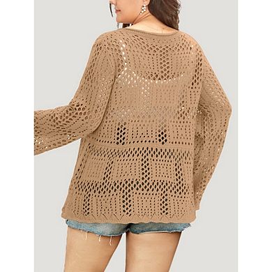 Women's Plus Size Crochet Knit Cardigan Hollow Out Bohemian Sweater Button Down Casual Top