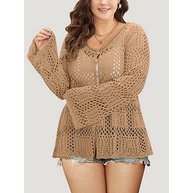 Women's Plus Size Crochet Knit Cardigan Hollow Out Bohemian Sweater Button Down Casual Top