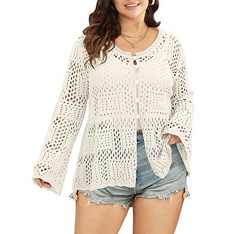 Women's Plus Size Crochet Knit Cardigan Hollow Out Bohemian Sweater Button Down Casual Top