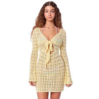 Women's Crochet Knit Hollow Out Beach Sun Cover Up Mini Long Sleeve Summer Casual Short Dress