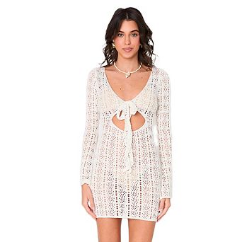 Women's Crochet Knit Hollow Out Beach Sun Cover Up Mini Long Sleeve Summer Casual Short Dress